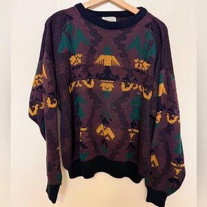 Lorenzo Purple Crewneck Sweater with Green & Yellow Geometric Motif
